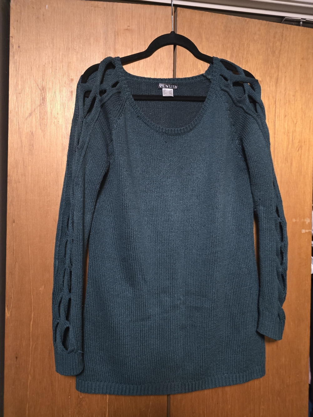 VENUS Teal Scoop Neck Open-Stitch Sleeve Sweater